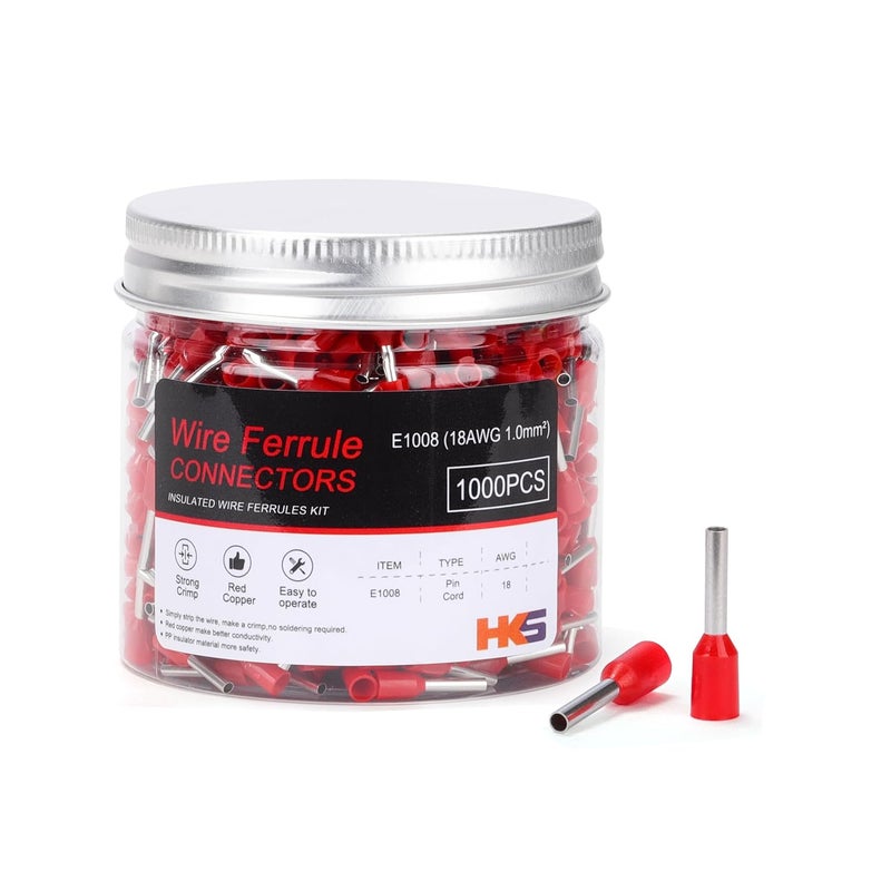HK-S 1000PCS Wire Ferrule Connectors - AWG 18-1.0mm² Copper Barrel Pin Cord Ends Insulated Ferrules Terminals - E1008 Red - Image 1